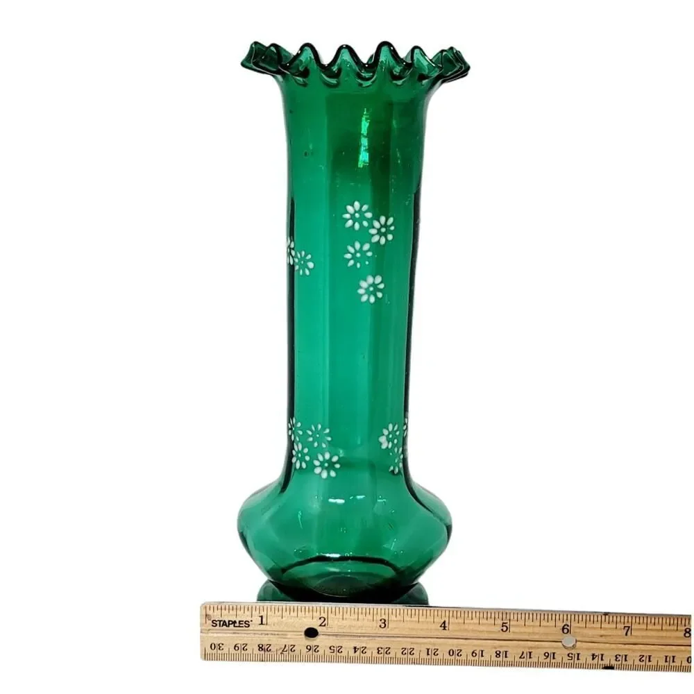 Moser Bohemian Czech Hand Blown Glass Hand Painted Green Enamel Ruffled Vase 10”